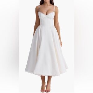 HOUSE OF CB MADEMOISELLE BUSTIER STRETCH SATIN MIDI COCKTAIL DRESS